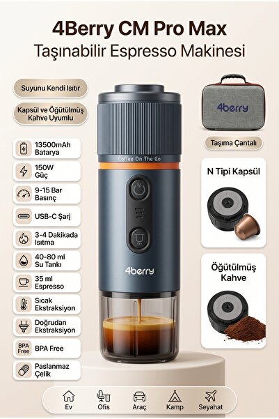 4 Berry CM Pro Max Çantalı Taşınabilir Şarjlı Espresso Makinesi - Kapsül Ve T...