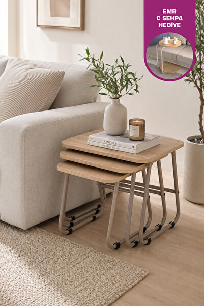 VİLİNZE Zigana Çok Amaçlı Vizon Metal Ayak 3'lü Naturel MDF Zigon Sehpa