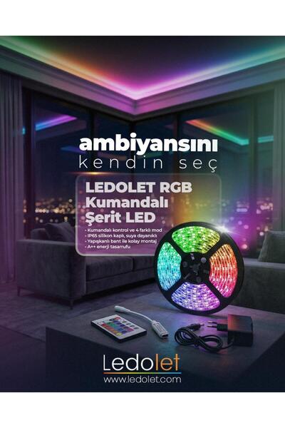 LEDOLET Rgb Kumandalı Trafolu Şerit Led 5m Silikonlu Ip65 Su Geçirmez Dım'li Yapışkanlı
