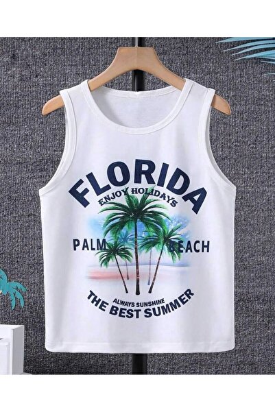 MORNİNG KİDS Erkek Çocuk Sıfır Kol Beyaz Florida Baskılı Penye Tişört