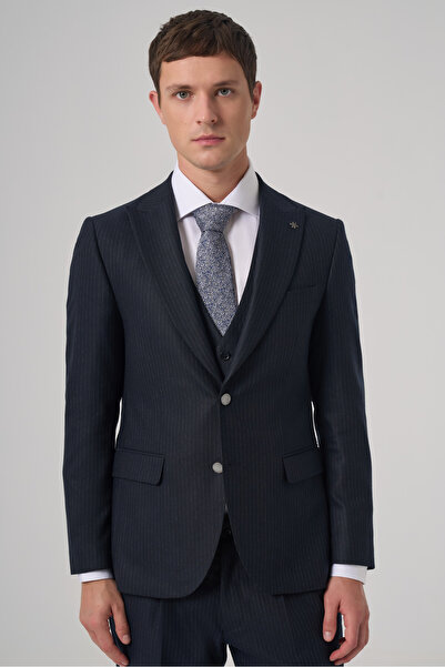 Morven Men's Navy Blue Polyviscon Trend Striped Slim Fit Pointed Collar Vest ...