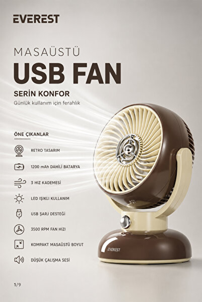 Genel Markalar 1200mAh 3 Hız Kademe Led Işıklı Retro Masaüstü Usb Fan - EFN12