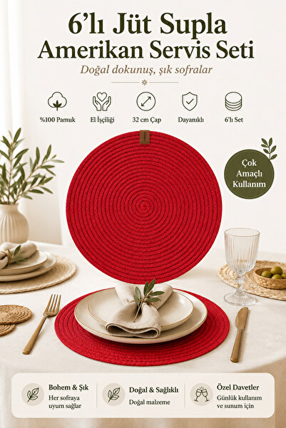 Fabrix Home 6-Piece Jute Supla American Service Set Red Color Bohemian Tablew...