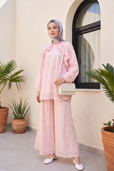 Modamorfo Crew Neck Ruffled Front Lined Voile Suit with Elastic Sleeves - Powder
