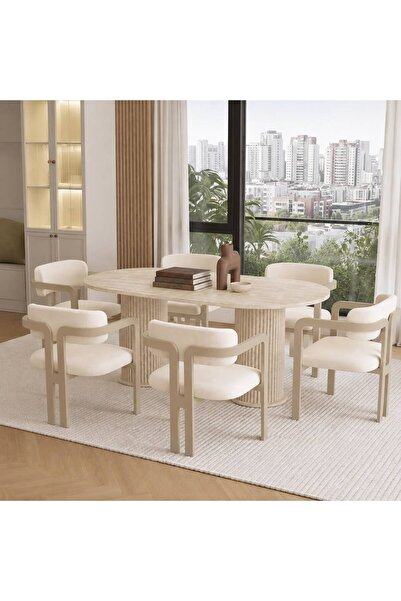 AVVİO Beige İskandinav Bohem Ayak 6'lı Tokyo Metal Demonte Sandalye 80x160 Ma...