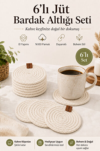 Fabrix Home Set of 6 Handmade Cotton Coasters Ecru Bohemian Coffee Corner Decor