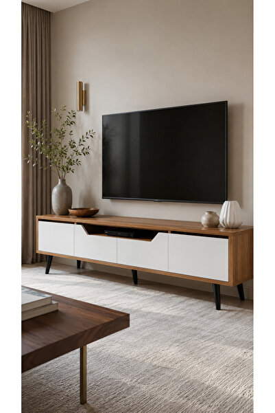 VM VERTEX MOBİLYA Roma Ahşap Ayaklı Tv Ünitesi Tv Sehpası Ceviz-Beyaz