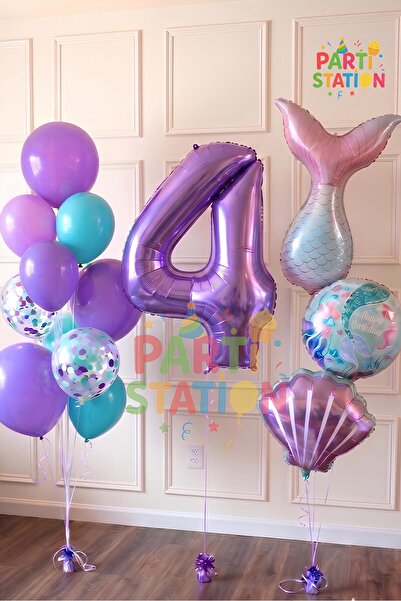 Parti Station Deniz Kızı Temalı 4 Yaş Balon Set Mor Rakam Balon Mermaid Temal...