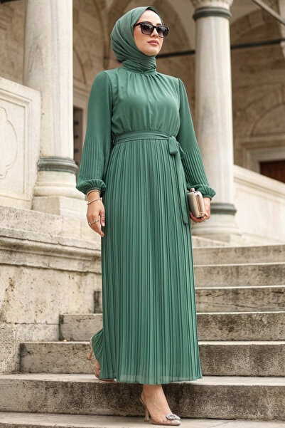 N.S NEVA STYLE Rochie plisată verde Cagla, stil Tesettür 30301CY