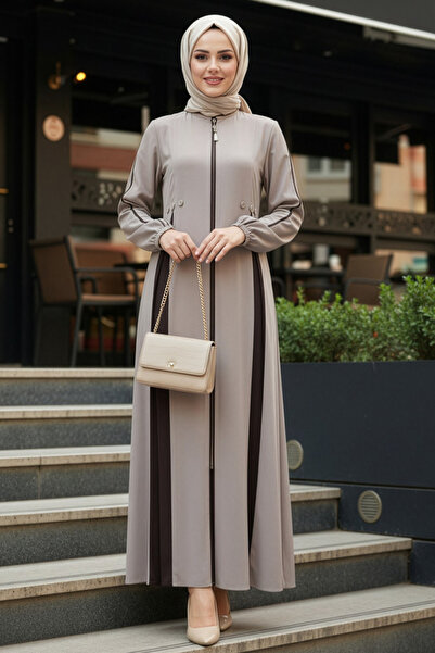 N.S NEVA STYLE عباءة بيج بسحاب للإغلاق 45288BEJ