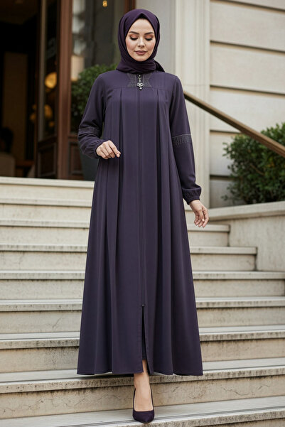 N.S NEVA STYLE Fermuarlı Koyu Füme Tesettür Abaya 45299KFU