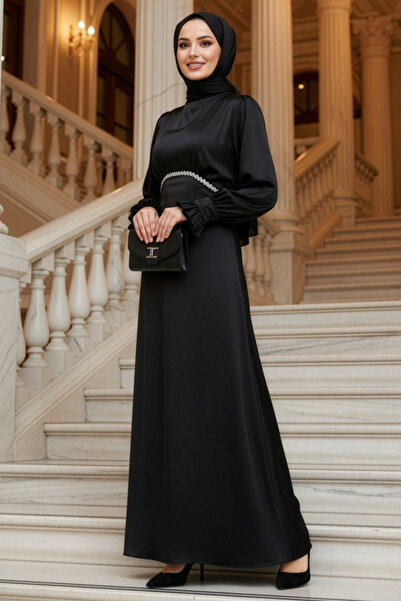 N.S NEVA STYLE Beaded Detailed Black Hijab Satin Evening Dress 62471S