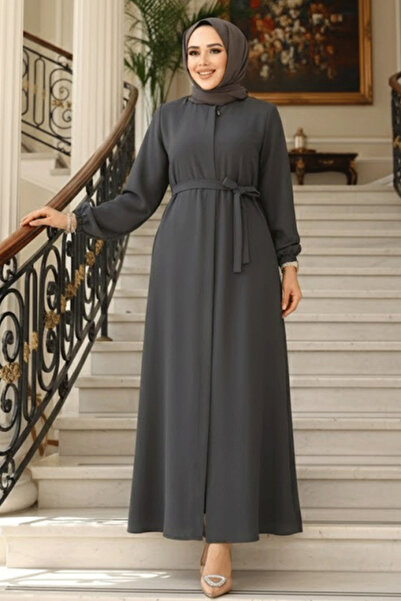 N.S NEVA STYLE Kemerli Füme Tesettür Ferace 26391FU