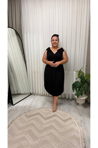 Butik Omuzdan Bağlamalı Siyah Elbise