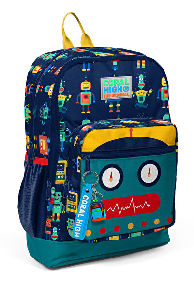 Coral High Kids Navy Blue Indigo Robot Patterned Four Compartment School Back...