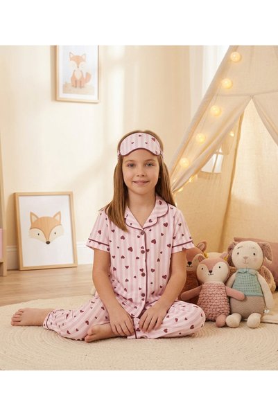 Novella18 Girl's Cotton Heart Patterned Striped Eye Patch Pajama Set