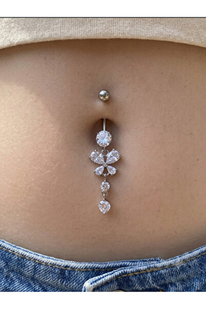 kurukafagift Çelik Göbek Piercing Sallantılı Zirkon Taşlı Kelebek Model Parla...