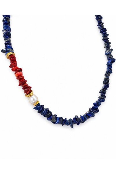 PERA ROSE Gerçek Lapis Lazuli Taşı Kolye - Doğal Mercan ve İnci Detaylı Tasar...