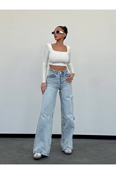 HerTon Pantaloni din denim de bumbac cu croială largă, cu fereastră la spate ...