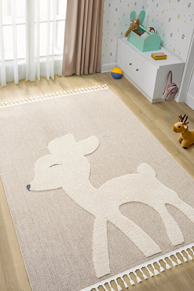Eliz Home Bej Krem Yumuşak Bukleli Dokuma Halı Bebek Odası Çocuk Odası Genç O...