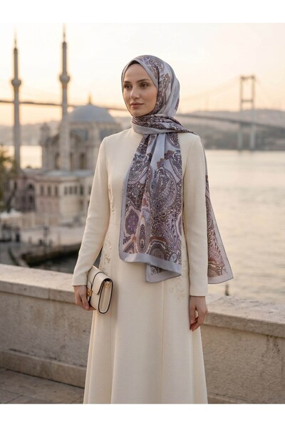 Vissona %100 Saf İpek Şal İnce Saten Vual Dokuma Etro Desenli Gri Renkli 90x2...