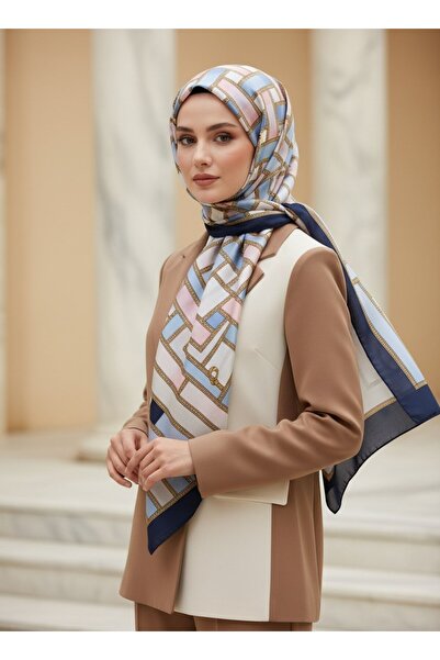 Vissona %100 Saf İpek Şal İnce Saten Vual Dokuma Kemer Desenli Bebe Mavisi - ...