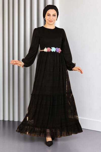 Missvalle Lace Belt Floral Dress Black 10242