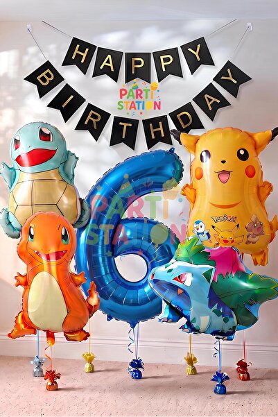 Parti Station Pokemon Konsept 6 Yaş Doğum Günü Balon Set Pokemon Pikachu Bulb...