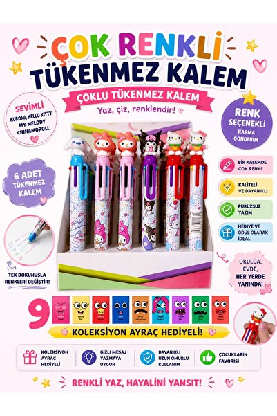 Pembe Pasaj Çok Renkli Kuromi Hello Kitty My Melody Cinnamoroll Tükenmez Kale...