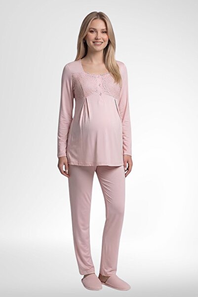 Mecit Pijama Mecit 6402 Elegant Pudra Pembe Dantel Pelerinli Lohusa Pijama Takımı