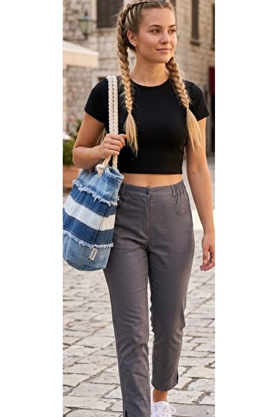 rose butik Kadın Gri Likralı Toparlayıçı İnce kot Pantalon Yazlık