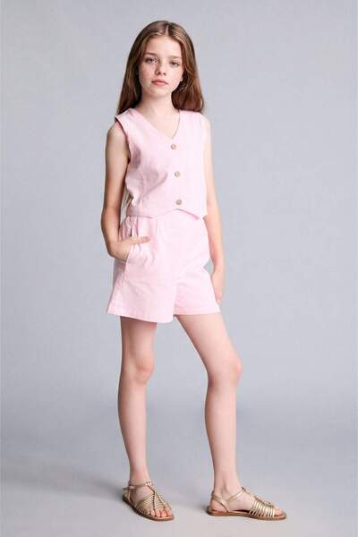 DeFacto Flared Cotton Buttoned Blazer Vest Top Shorts Bottom 2-Piece Set Girl...