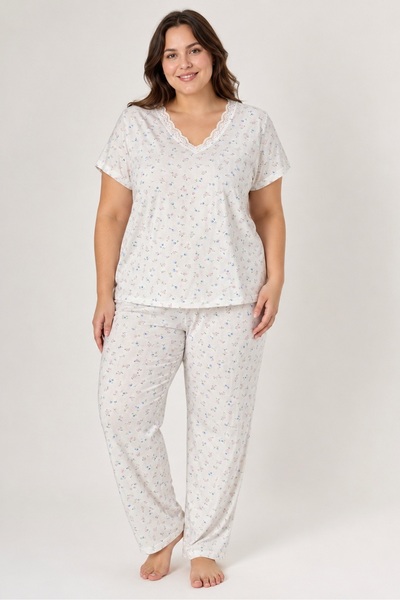CottonVia Mother's Pajama Set, Lace Collar, Patterned, Short Sleeves, 100% Co...