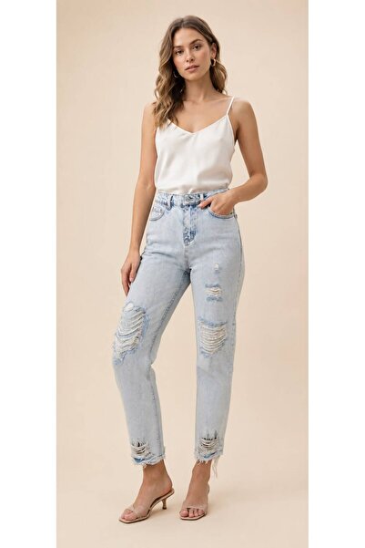 CHEVALIER FASHION Women's High Waist Distressed Straight Leg Jeans