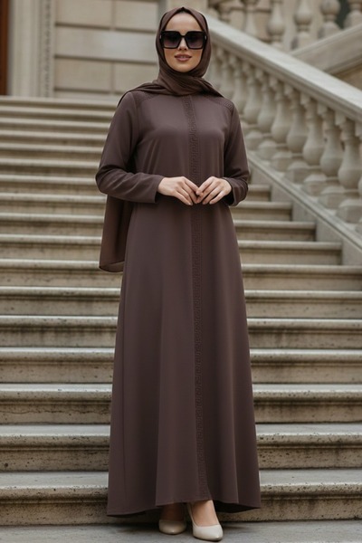 N.S NEVA STYLE Zippered Brown Hijab Robe 45312Kh
