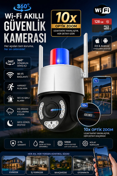 UMSN 10X Optik Zoom 360 Derece Gece Tam Renkli Wi-Fi Kamera - 80mt Optik Zoom...