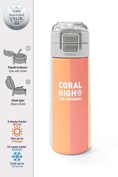 Coral High Kids Renkli Çizgili Desenli Pipetli ve Direkt İçim Çelik Termos 50...