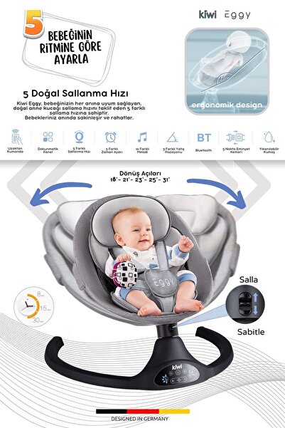 Kiwi Eggy Plus Elektrikli Otomatik Sallanan Bebek Ana Kucağı, 5 Farklı Sallanma Hızı, Oyuncaklı, Latte