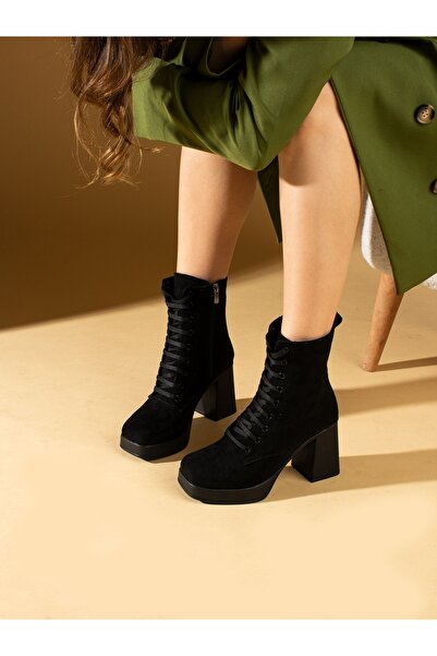 Alemdar Shoes Cizme de damă cu șireturi din piele intoarsa neagra FREYA