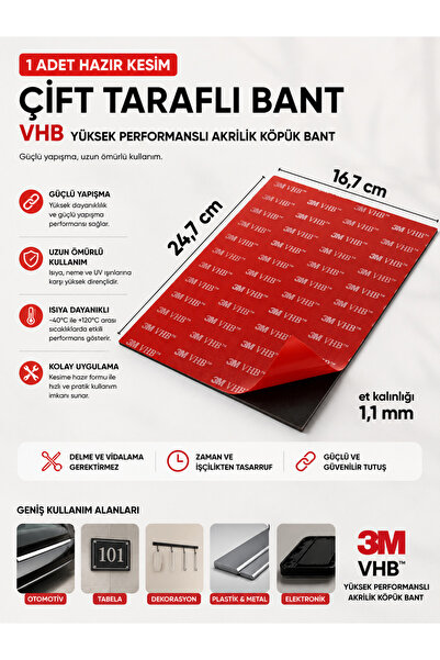 3M Çift Taraflı Bant 1 Adet Hazır Kesim VHB En:16,7cm Boy:24,7cm