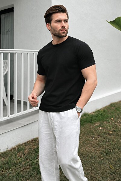 Madmext Black Crew Neck Ribbed Men's T-Shirt E7474