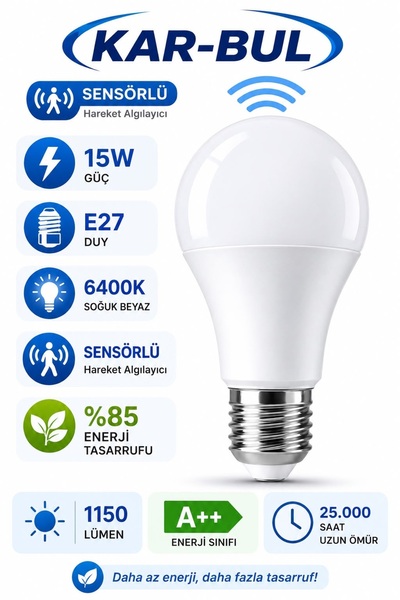 kar-bul Hareket Sensörlü Led Ampul Lamba 10 W Beyaz E27 Duy 2 Adet