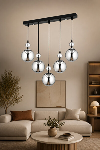 ESSLİGHT Nisan 5’li Sıralı Füme Camlı Modern Salon Mutfak Yatak Odası Avizesi