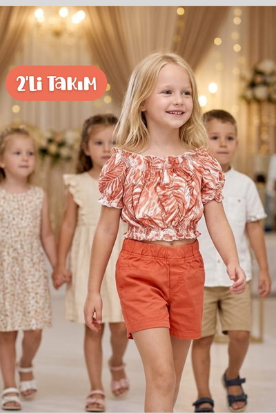 Hilal Akıncı Kids Girl's Hawaiian Print Blouse Colorful Shorts Double Set