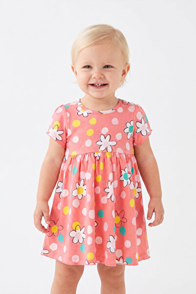 100% Cotton Neck Button Closure Floral Pattern Baby Girl Dress - Pink