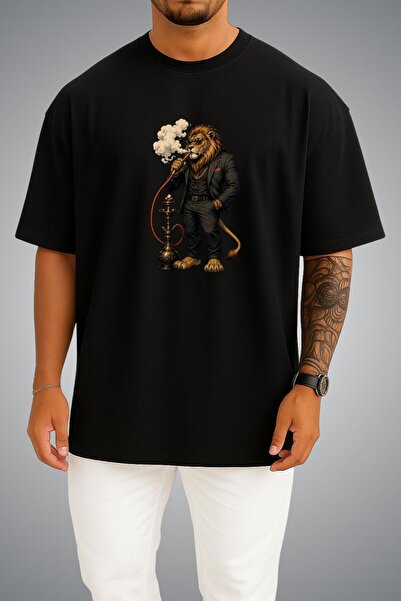 Bahriyeli Collection Oversize Lion Smoking Hookah Chest and Back Printed Unis...