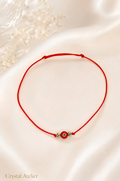 Crystal Atelier Red String Lucky Bracelet with Evil Eye Beads - Silver Bead D...