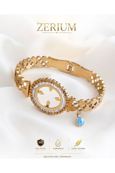 ZERİUM Lunaria - Ayçiçeği Kadın Çelik Şans Kelepçe Bilekliği 316l
