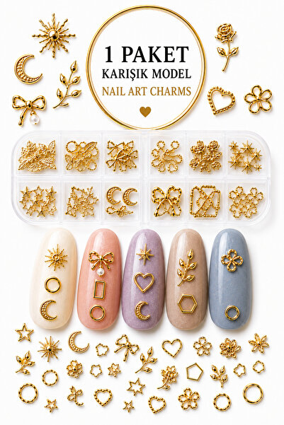 Sibelon Nail Art Dizayn Charm Seti | Altın Renk Minimal Tırnak Süsü | 1 Paket