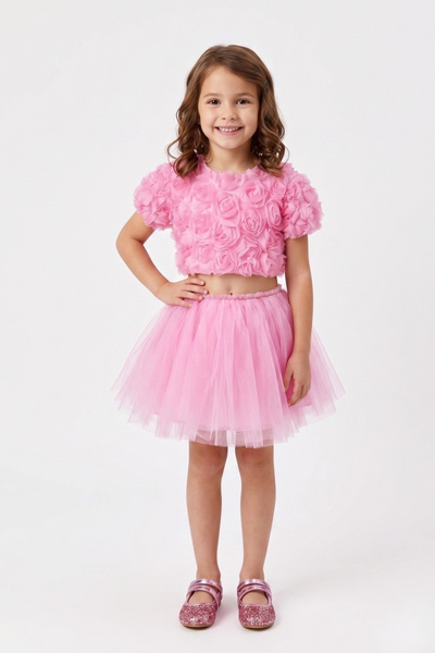 Le Mabelle Pink Rose Detailed Cropped Tulle Skirt Girls' Two-Piece Set - Sabrina